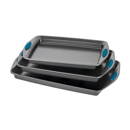 RACHAEL RAY Rachael Ray 47425 Nonstick Bakeware Cookie Pan Set - 3 Piece - Gray with Marine Blue Silicone Grips 47425